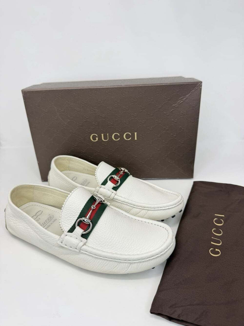 Gucci Men’s Horsebit Web Driving Loafers White Leather Moccasins Size 8 Italy